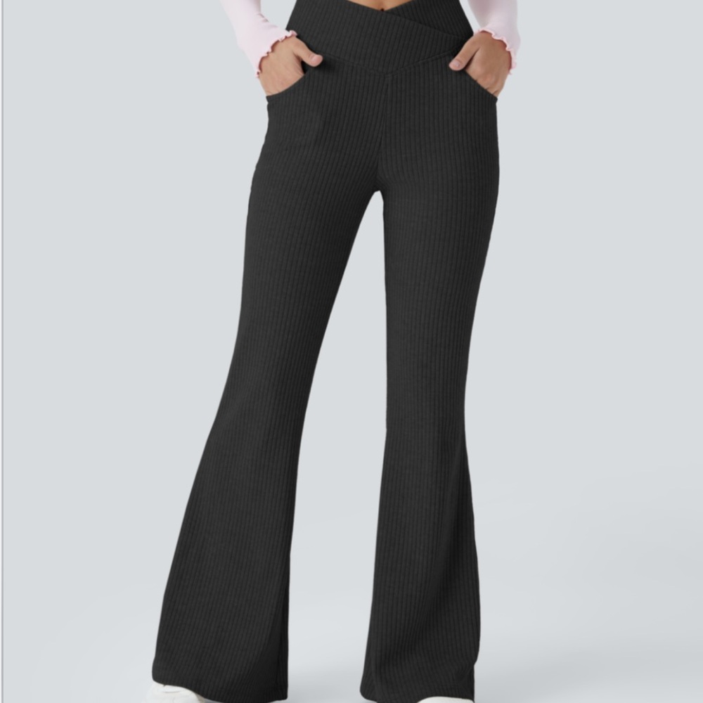 Ribbed Knit Crossover High Waisted Pocket Casual Flare Pants XL (16)